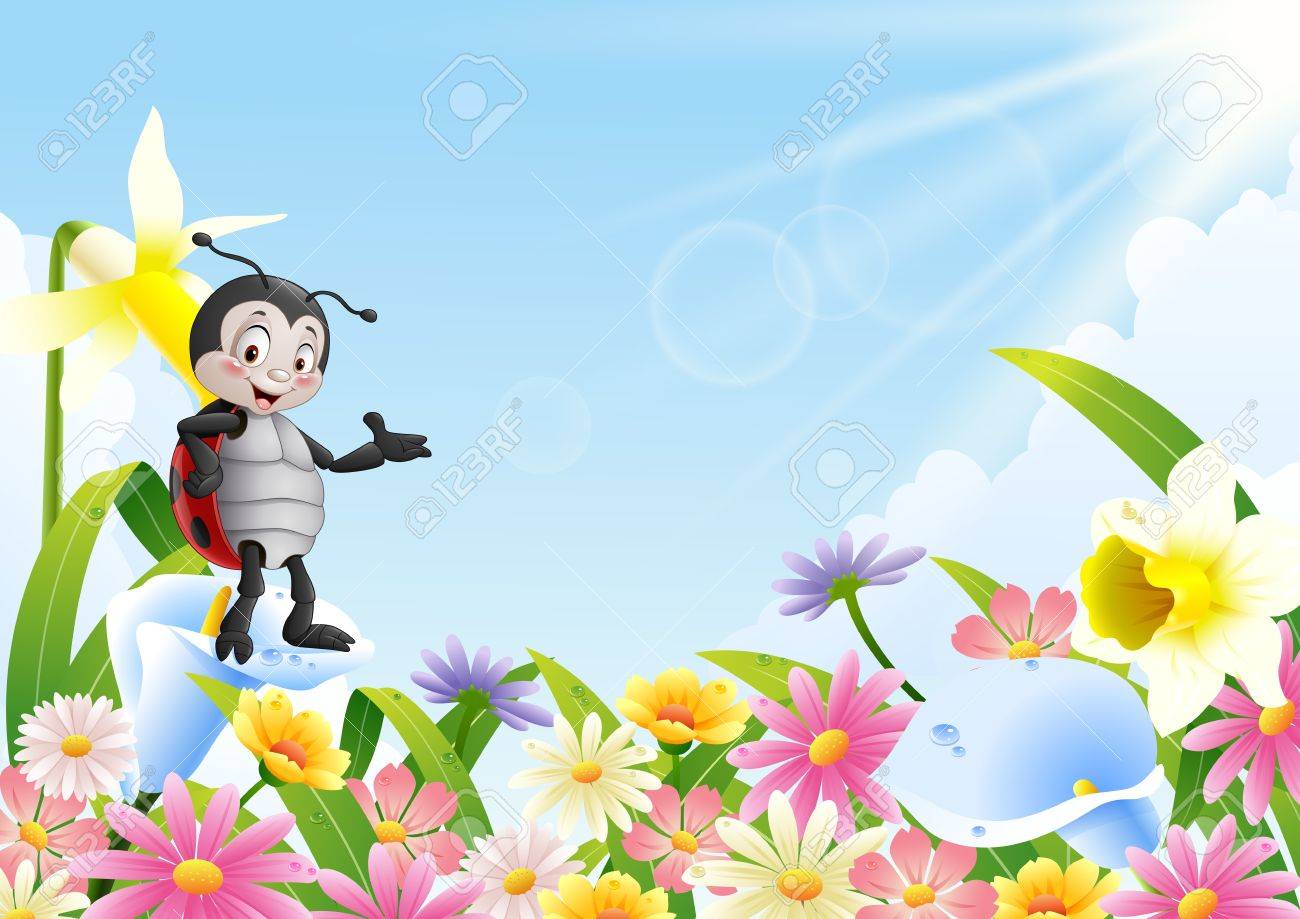 Illustration Der Comic Marienkafer In Der Blumenwiese Lizenzfrei Nutzbare Vektorgrafiken Clip Arts Illustrationen Image