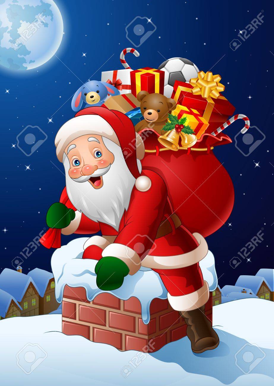サンタ クロースとクリスマスの背景のイラストが煙突を通って家に入る のイラスト素材 ベクタ Image