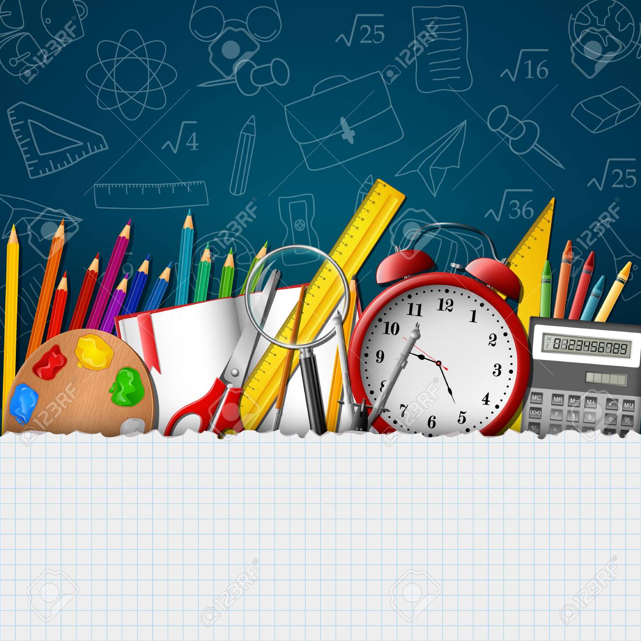 School background with school supplies and empty paper - 100814552 School background with school supplies and empty paper - 100814552