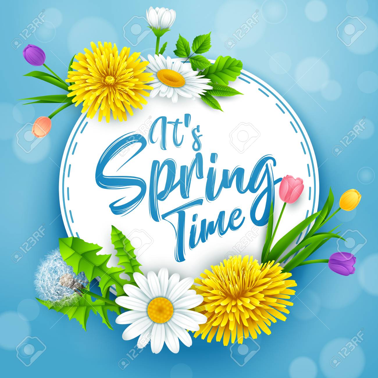 It S Spring Time Banner With Round Frame And Flowers On Blue Sky Background Royalty Free Cliparts Vectors And Stock Illustration Image