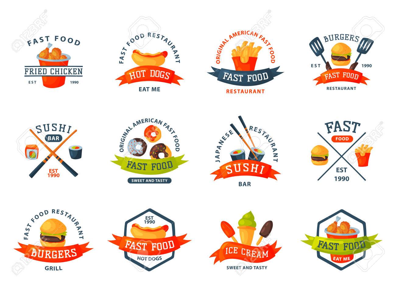 ファーストフードのカラフルな漫画のロゴは レストランおいしいアメリカ チーズバーガー バッジ肉や不健康なハンバーガー食事ベクトル イラストに分離されました 迷惑飲み物おやつフランス揚げの夕食を食べるします のイラスト素材 ベクタ Image