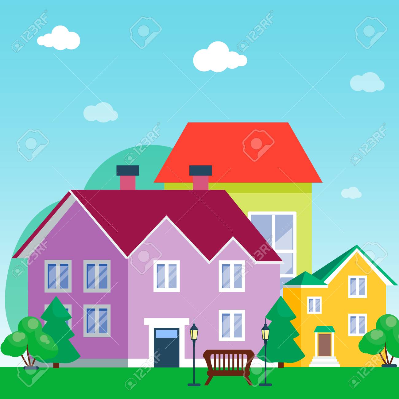 vector city with cartoon houses and buildings city space with cartoon images of houses