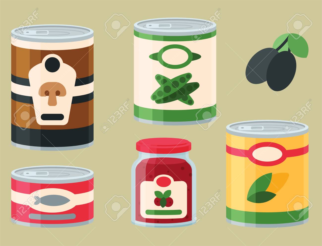 様々なスズ缶詰食品食品金属とガラス容器ベクトルイラストのコレクション のイラスト素材 ベクタ Image