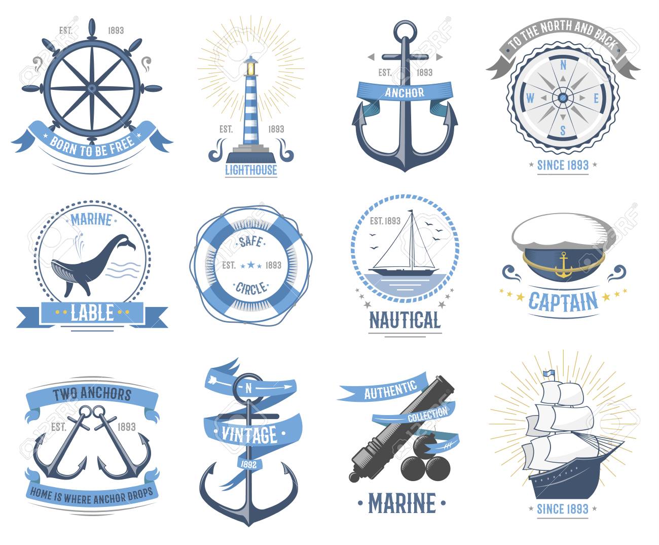 海のベクトル古いレトロバッジセットセーリング帽子 ボート 魚をテーマにしたラベルアイコンヴィンテージ船の看板アンカーロープホイール海帽子 リボン旅行要素グラフィック海イラストクルーズ記章 のイラスト素材 ベクタ Image