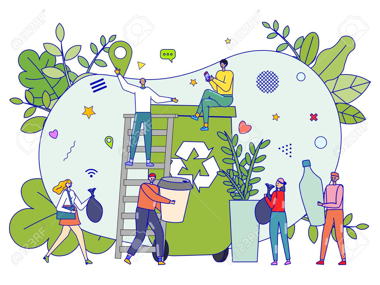 Zero Waste Concept, Tiny People Recycling Garbage, Ecology Environment,  Vector Illustration. Happy Men And Women Cartoon Characters In Flat Design,  Green Lifestyle. Reduce Plastic Use And Sort Trash Royalty Free SVG,  Cliparts,