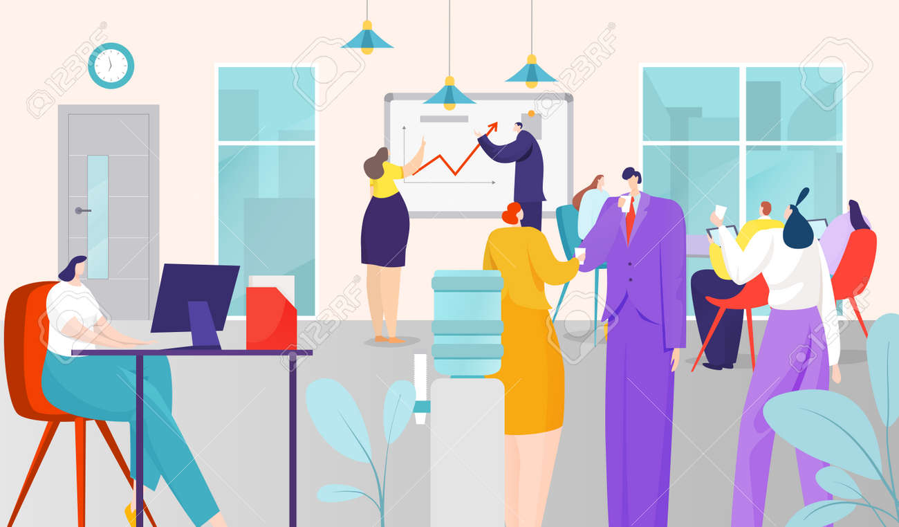 Business people work in office, vector illustration. Coworking team space, job workplace with computer. Man woman character - 158281864 Business people work in office, vector illustration. Coworking team space, job workplace with computer. Man woman character - 158281864