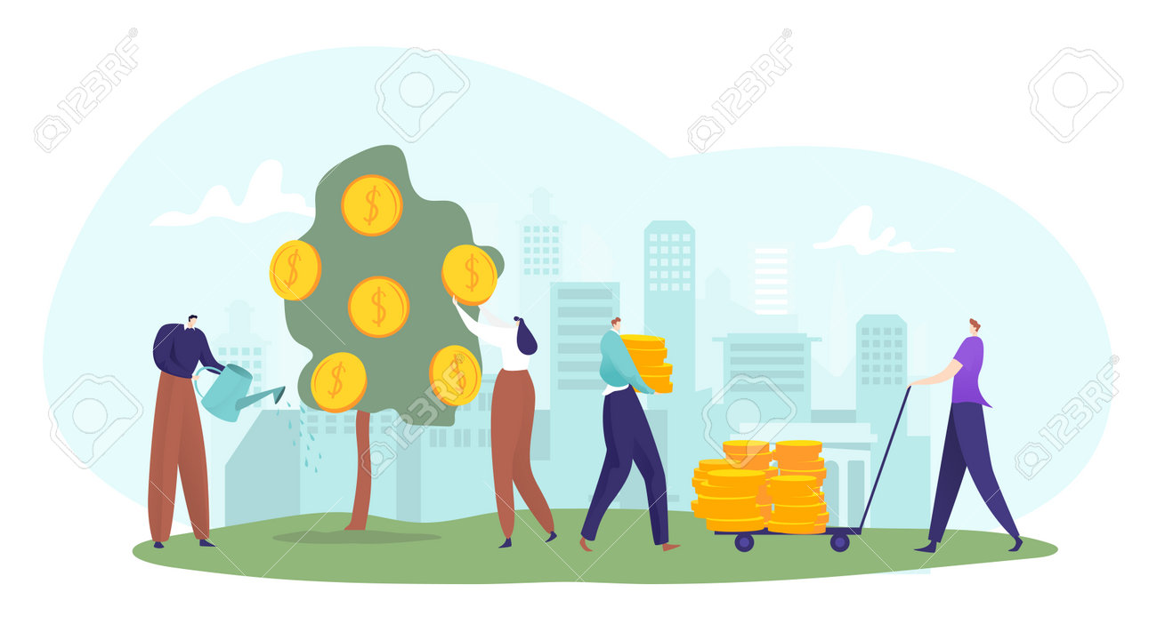 白い背景に人々の投資家の作業設備投資利益、金融ビジネスの貢献フラットベクターイラスト。のイラスト素材・ベクター Image 194851066