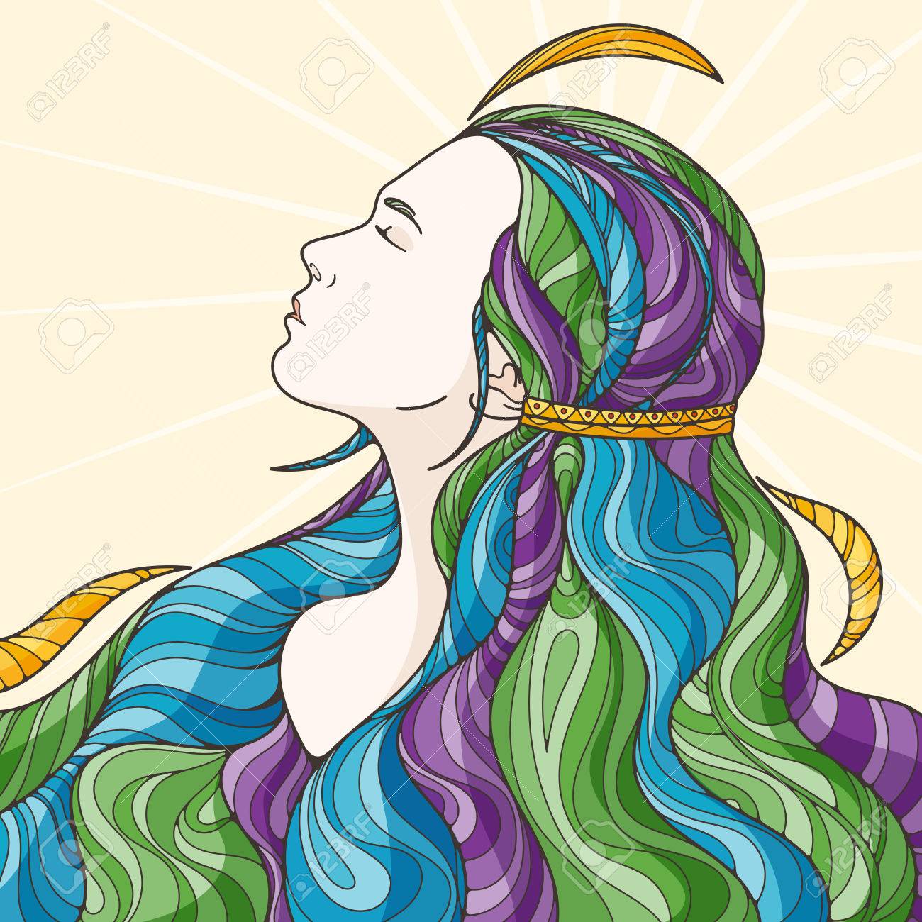 長い見下すような複雑なカール髪の美しい少女のプロフィール のイラスト素材 ベクタ Image