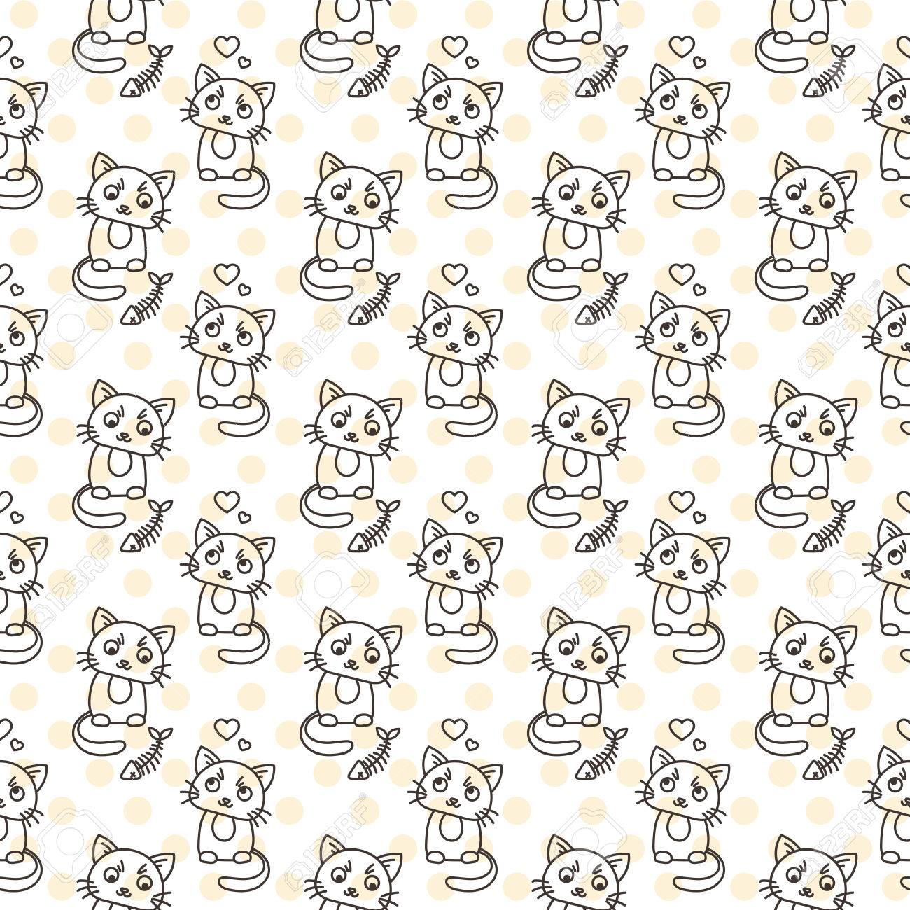 seamless pattern of cute cat characters pet in love fishbone
