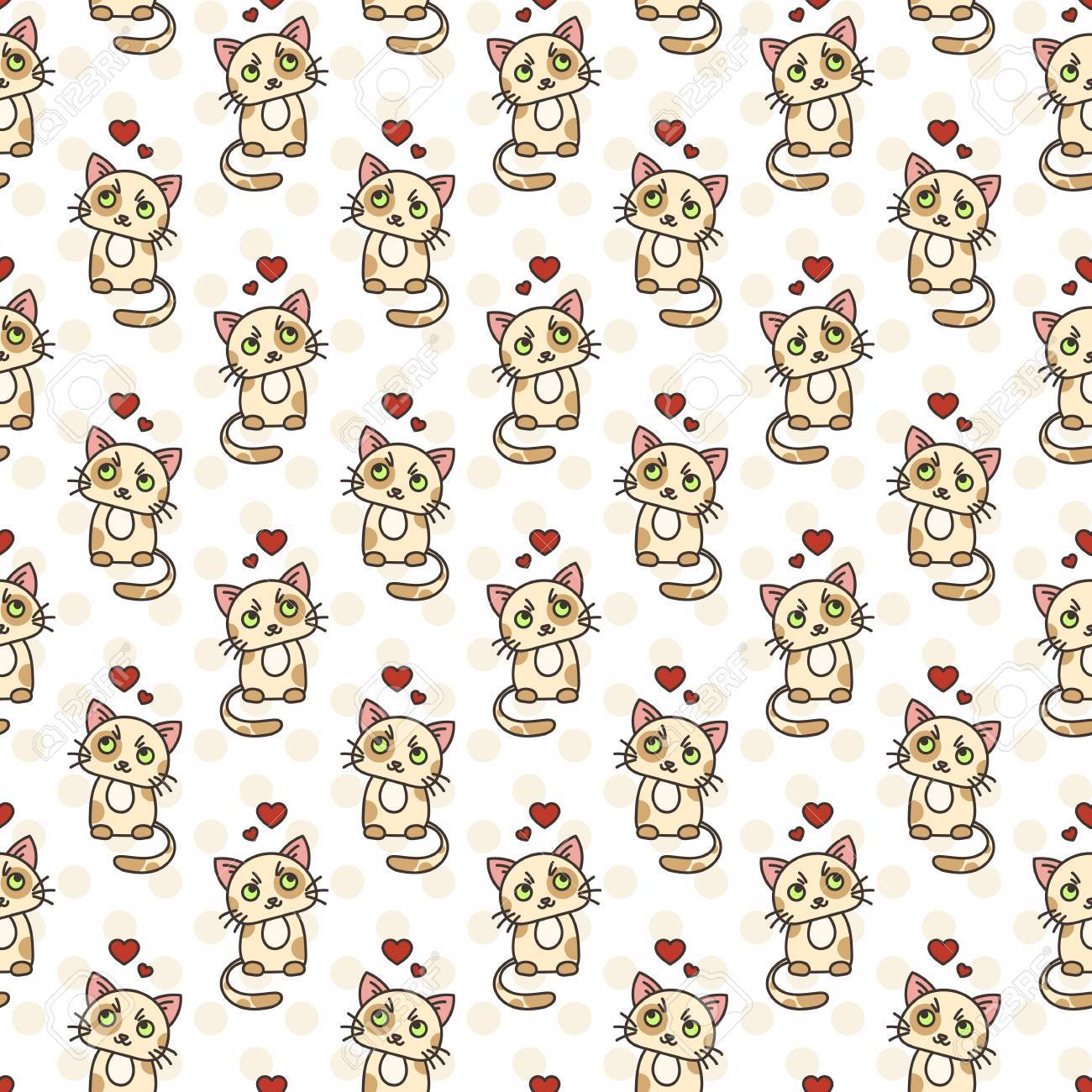 かわいい猫のキャラクターのシームレスなパターン 恋のペットします 子供のための飾り のイラスト素材 ベクタ Image