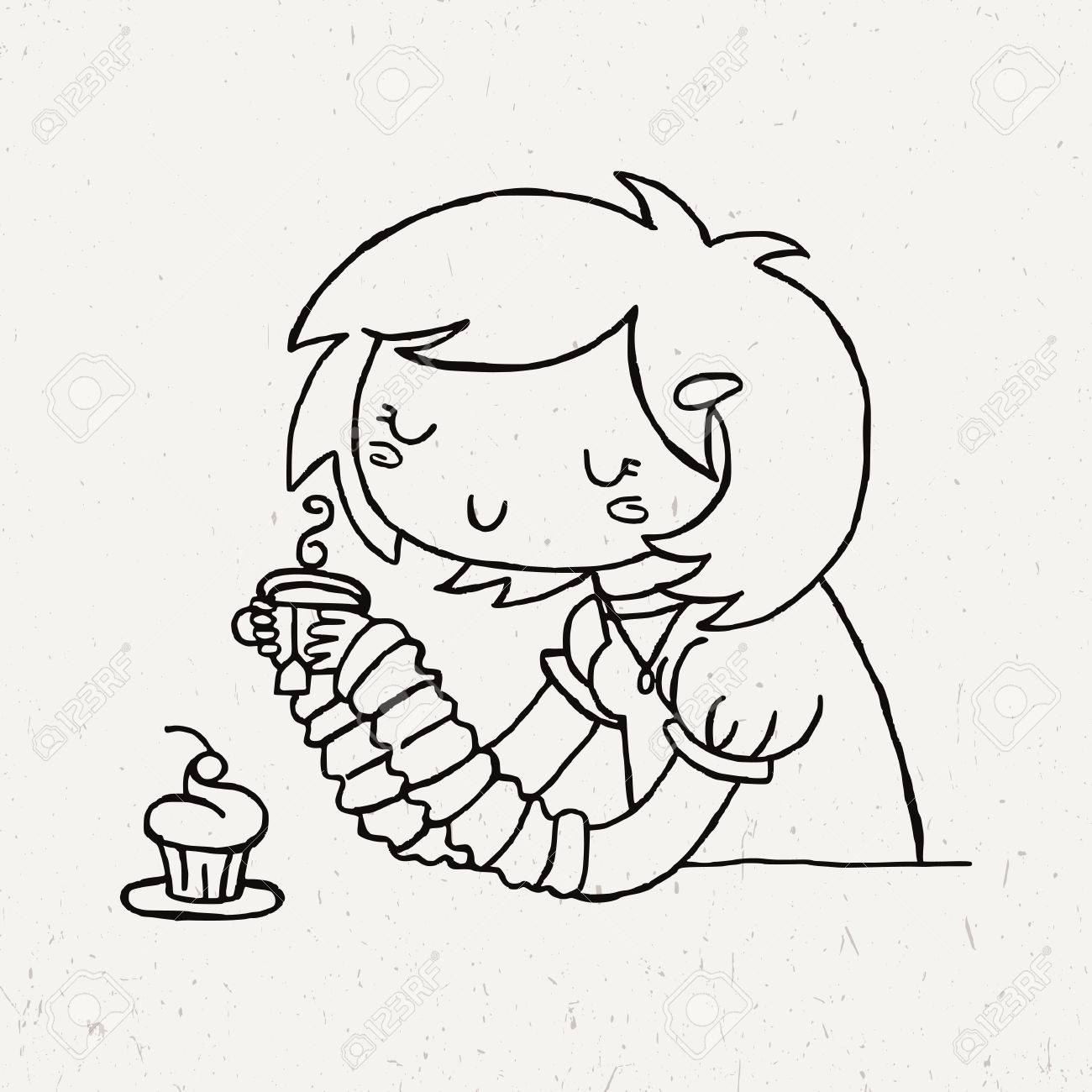 一杯の紅茶とマフィンのかわいい落書き少女 流行に敏感な快適さのイラスト のイラスト素材 ベクタ Image