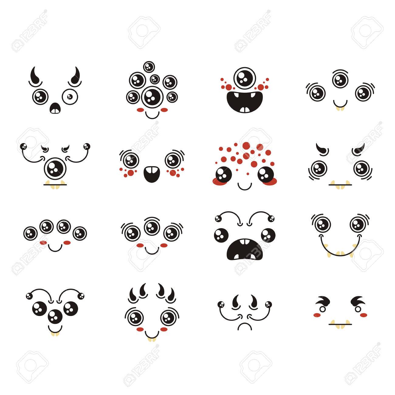 キュートかわいいカワイイ外国人顔文字のセットです 子どものような漫画の漫画のスタイルの漫画の顔を落書き のイラスト素材 ベクタ Image