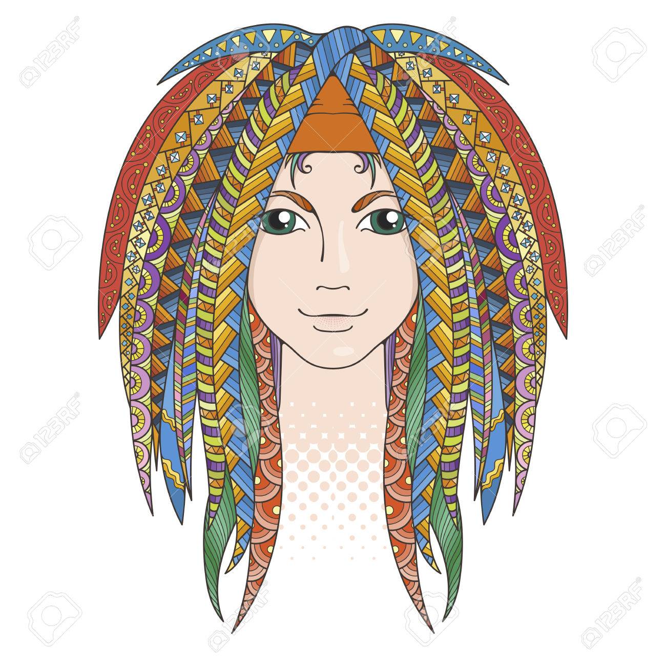 カラフルなパターンのドレッドヘアを持つ少女 華やかな髪型 ベクトルの図 のイラスト素材 ベクタ Image 6227