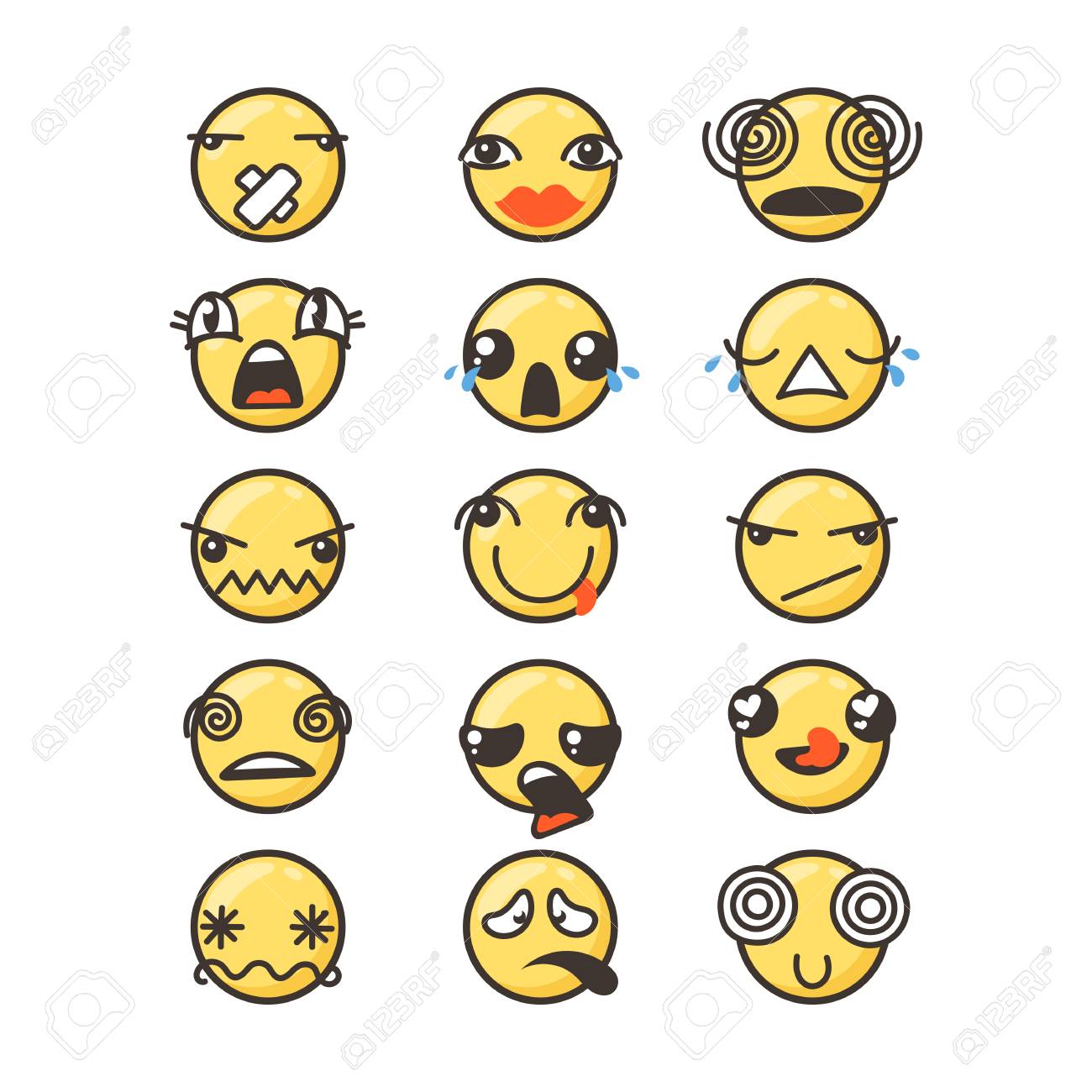 Ensemble De Mignonne émoticône Kawaii Visage De Dessin Animé Doodle Dans Un Style De Dessin Animé Enfantin Manga Icônes Vectorielles Plat