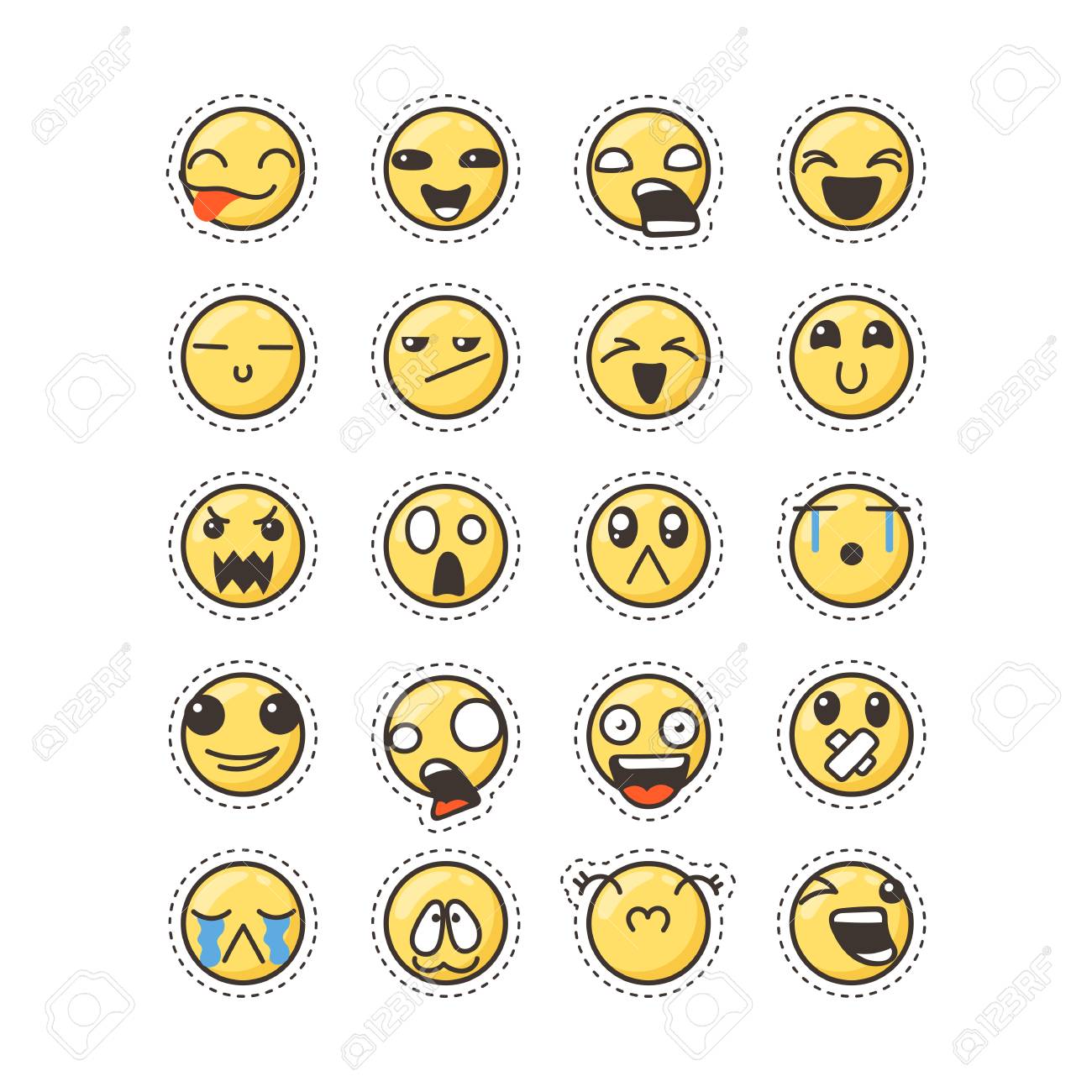 キュートかわいいカワイイ顔文字のセットです 子どものような漫画の漫画のスタイルの漫画の顔を落書き フラットのベクター アイコン ステッカー コレクション のイラスト素材 ベクタ Image