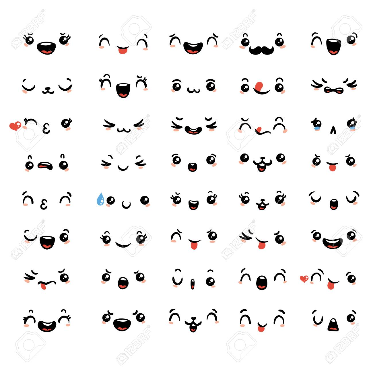 キュートかわいいカワイイ顔文字のセットです 子どものような漫画の漫画のスタイルの漫画の顔を落書き のイラスト素材 ベクタ Image
