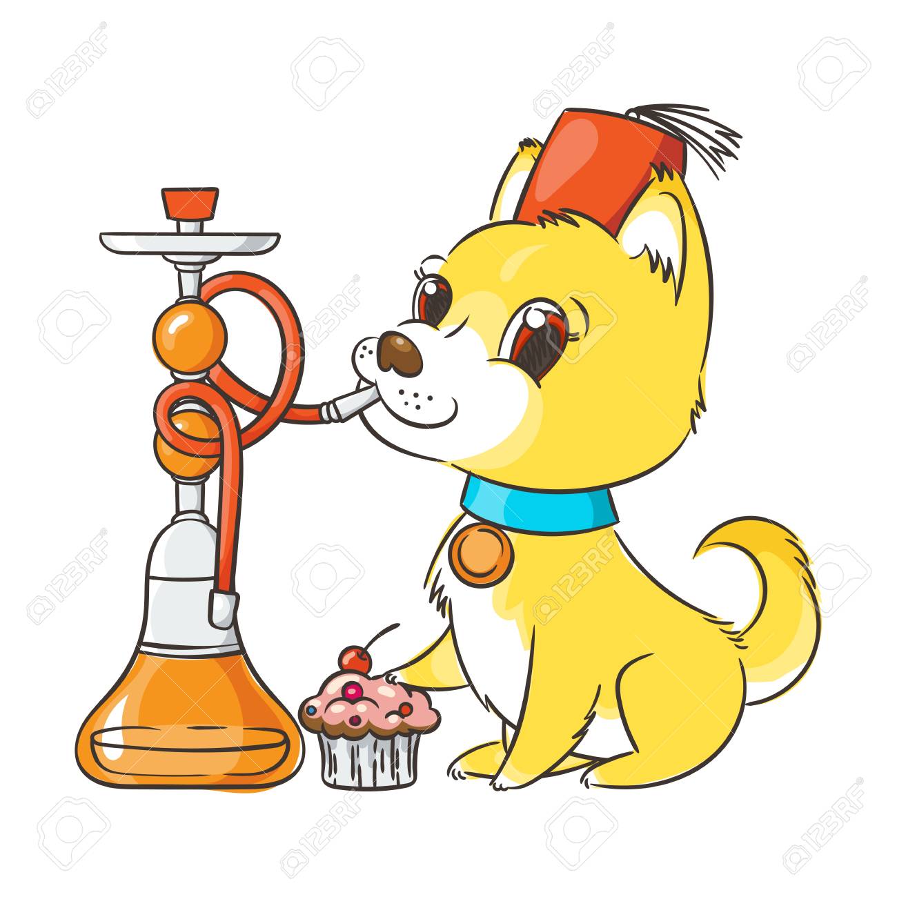 ターバンで幸せな黄金の漫画の子犬の喫煙フッカ 襟を着たかわいい犬 のイラスト素材 ベクタ Image ターバンで幸せな黄金の漫画の子犬の喫煙フッカ 襟を着たかわいい犬 のイラスト素材 ベクタ Image
