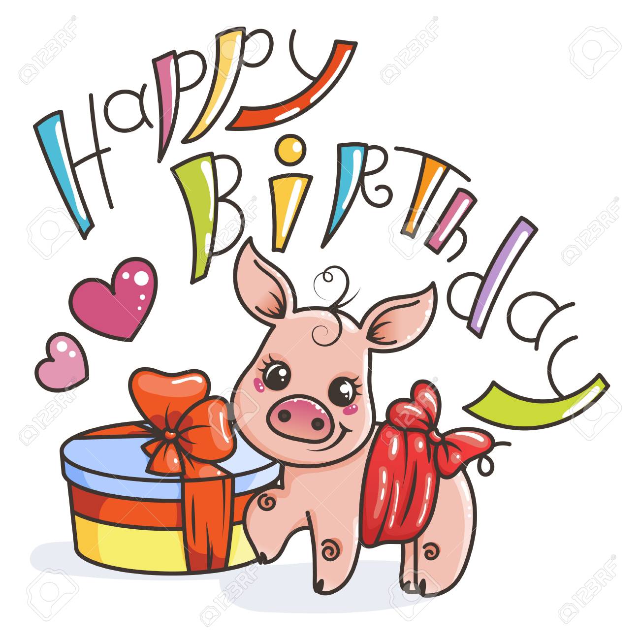 Happy Birthday Cute Cartoon Baby Pig With Holiday Box Vector