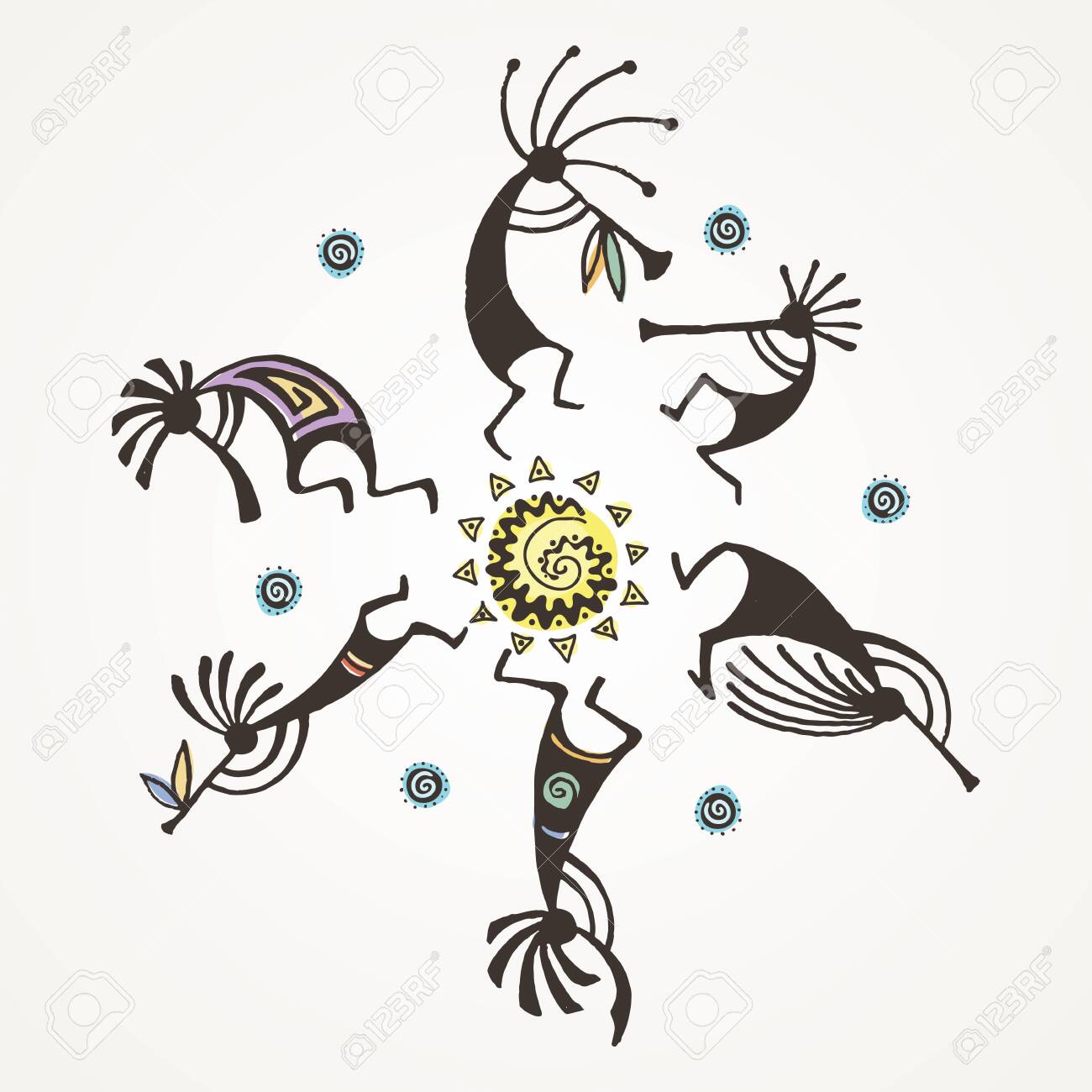 Hand drawn Kokopelli circle. Stylized mythical characters playing flutes. Vector art for prints. design, cards, children and coloring books, t-shirts - 124457824 Hand drawn Kokopelli circle. Stylized mythical characters playing flutes. Vector art for prints. design, cards, children and coloring books, t-shirts - 124457824
