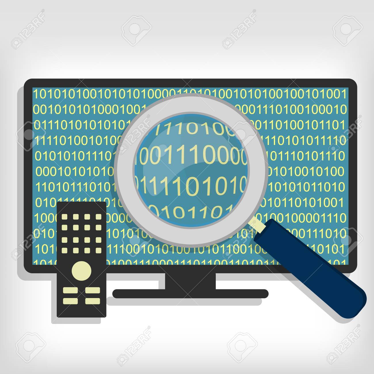 虫眼鏡を捜し スマート テレビでバイトのシーケンスを探しています スマート テレビでバイトを検索 のイラスト素材 ベクタ Image