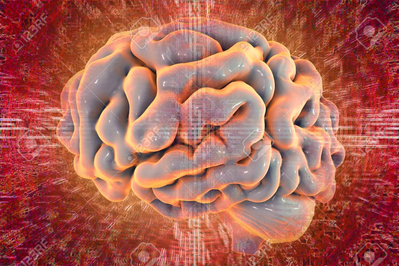 カラフルな背景、3 D イラストレーションで人間の脳。脳に来る情報動画 