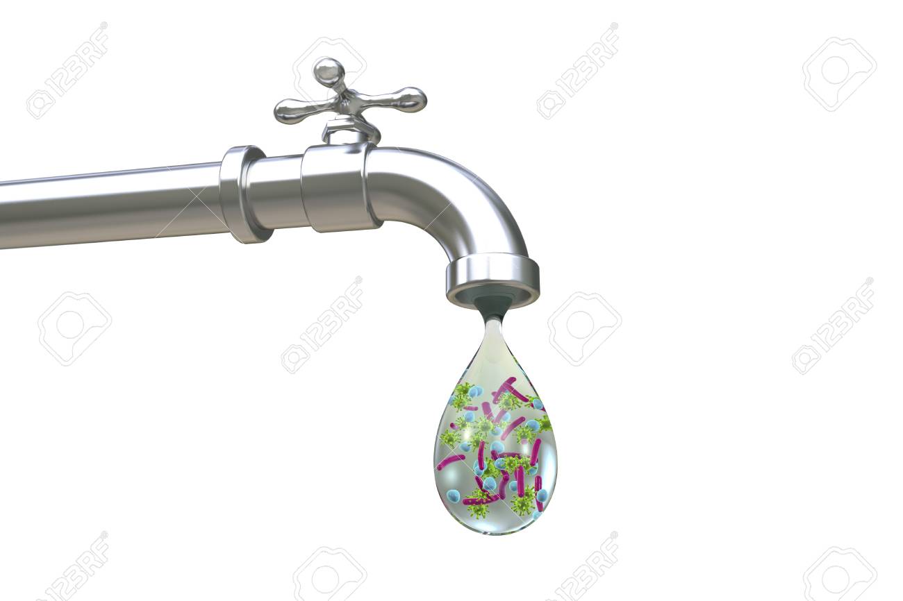 Concept De Securite De L Eau Potable Illustration 3d Montrant Le Robinet Avec Une Goutte D Eau Contenant Des Bacteries Et Des Virus Banque D Images Et Photos Libres De Droits Image 0541