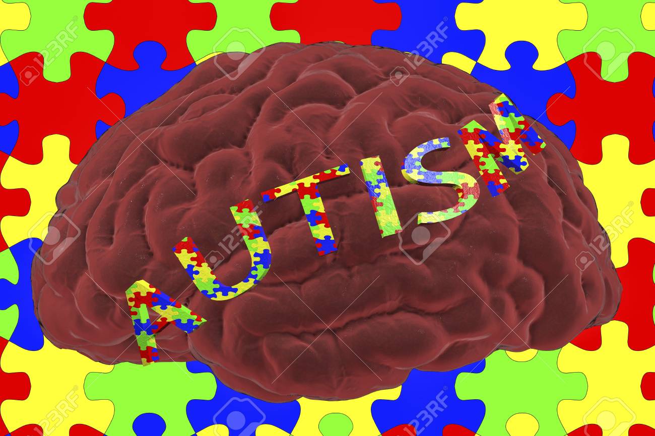 自閉症の意識と自閉症の概念 3dイラスト ジグソーパズルで作られた人間の脳と自閉症の言葉 の写真素材 画像素材 Image