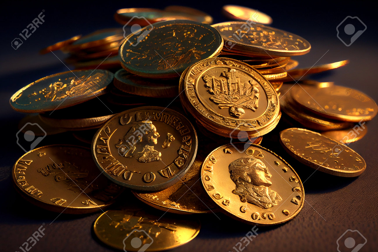 さまざまな種類のコインをフィーチャーしたフォトリアリスティックな生成AIイラストで、複雑なディテールとテクスチャにより、リアルでリアルに見えますの写真素材・画像素材  Image 202280166