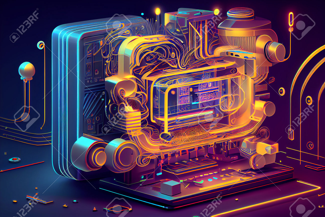 양자 역학 원리를 사용하여 고전 컴퓨터 생성 AI 일러스트레이션의 기능을 능가하는 놀라운 속도로 복잡한 계산을 수행하는 혁신적인 컴퓨터  장치 로열티 무료 사진, 그림, 이미지 그리고 스톡포토그래피. Image 202185071