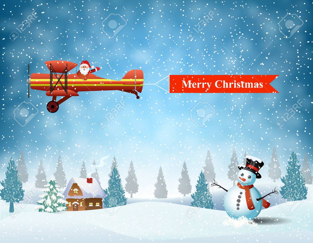 Lichtebene Mit Weihnachtsmann Fliegen Uber Den Wald Haus