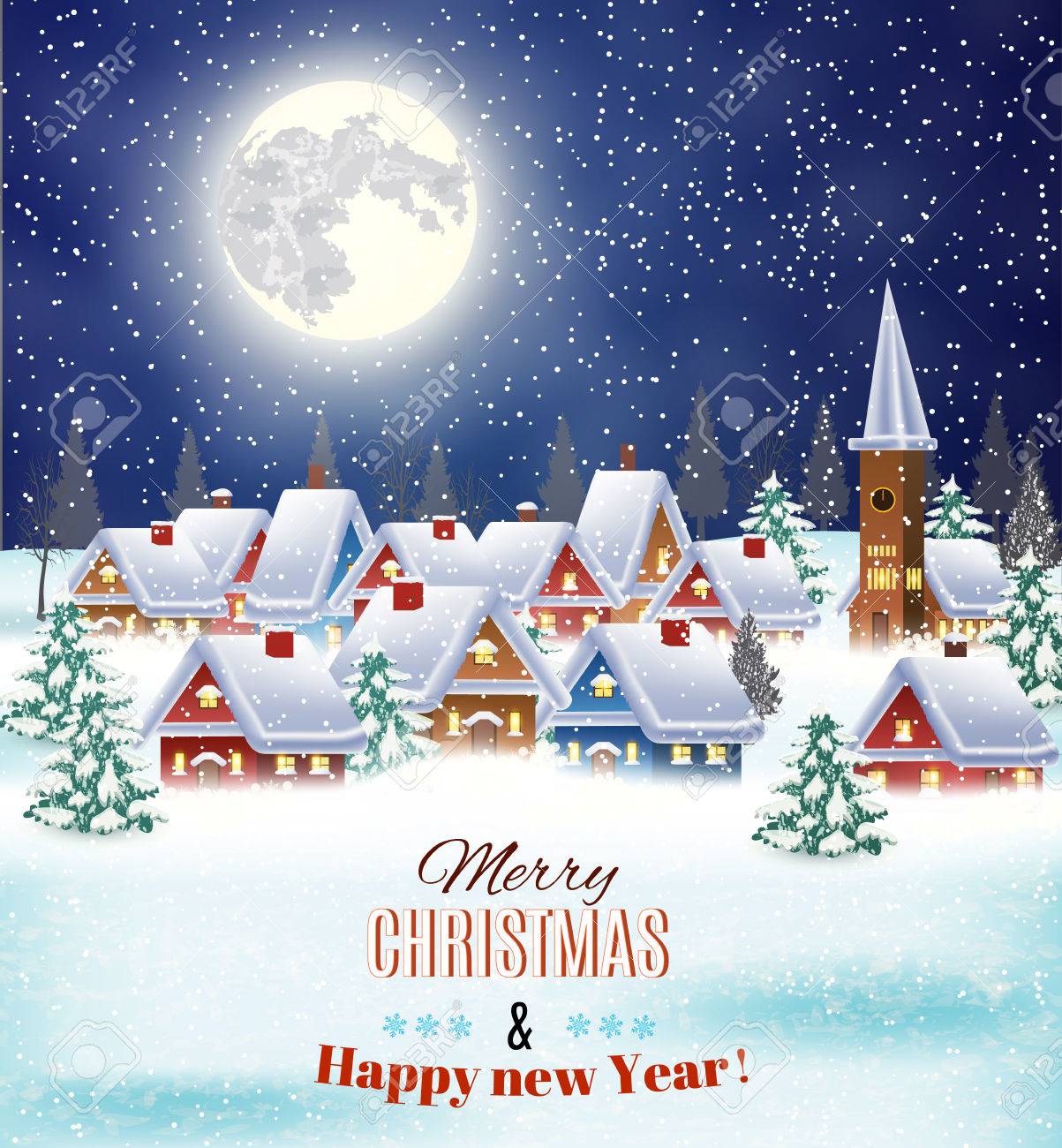 New year and Christmas winter village night landscape background. Vector illustration. concept for greeting or postal card - 46551362 New year and Christmas winter village night landscape background. Vector illustration. concept for greeting or postal card - 46551362