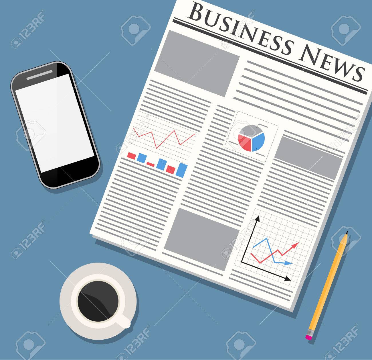 Modern morning. Newspaper, mobile phone, pencil and coffee. Smartpfone and news. Morning business elements. vector illustration in flat design on blue backgound for business concept. - 49398217