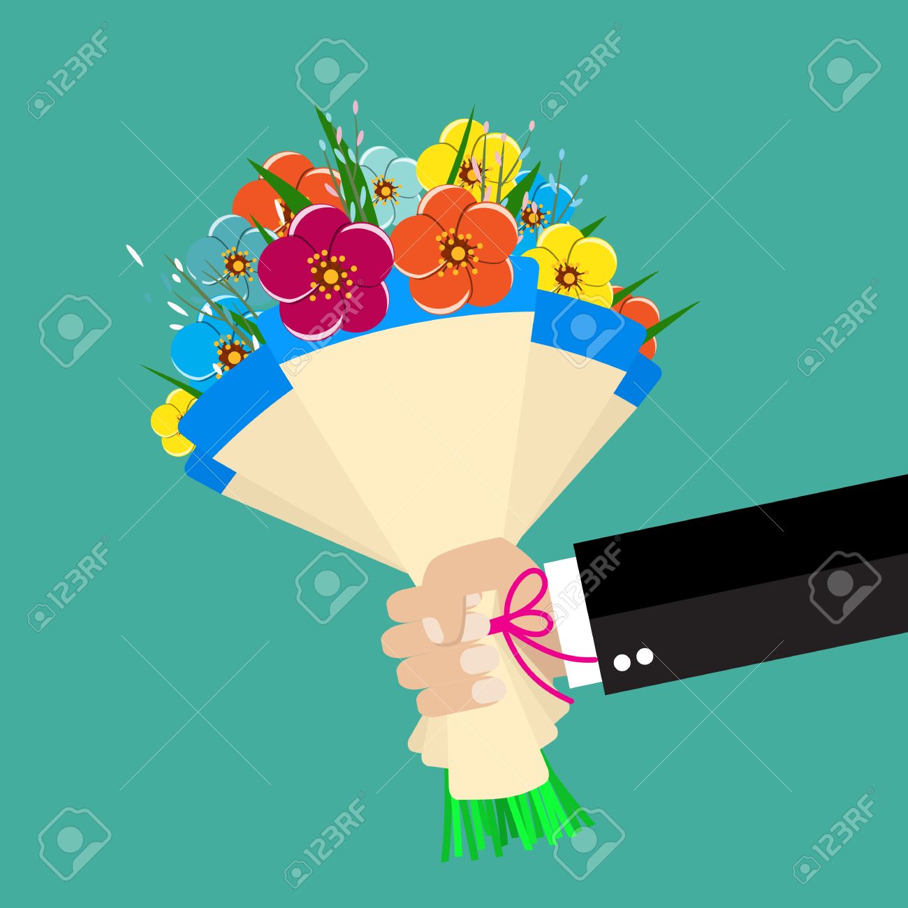 Homme Daffaires De Dessin Animé Main Tenant Bouquet De Fleurs Illustration Vectorielle En Design Plat Belle Félicitation De Mariage Bouquet Isolé