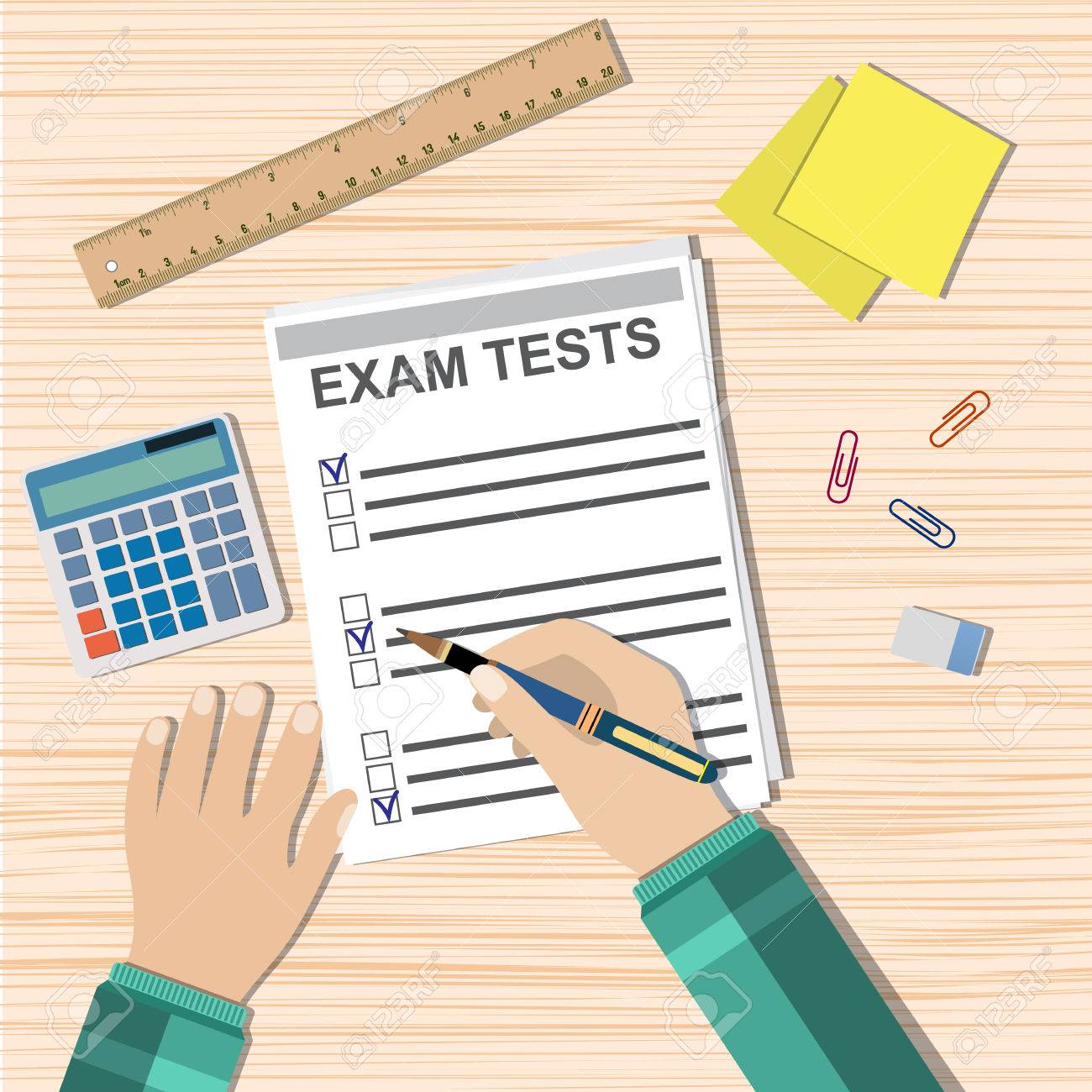 boerderij bonen Merchandiser Student Hand Fills Examination Quiz Paper, School Exam Test Results. Wooden  School Desk With Pins, Calculator. Vector Illustration In Flat Design.  Royalty Free Cliparts, Vectors, And Stock Illustration. Image 55054495.