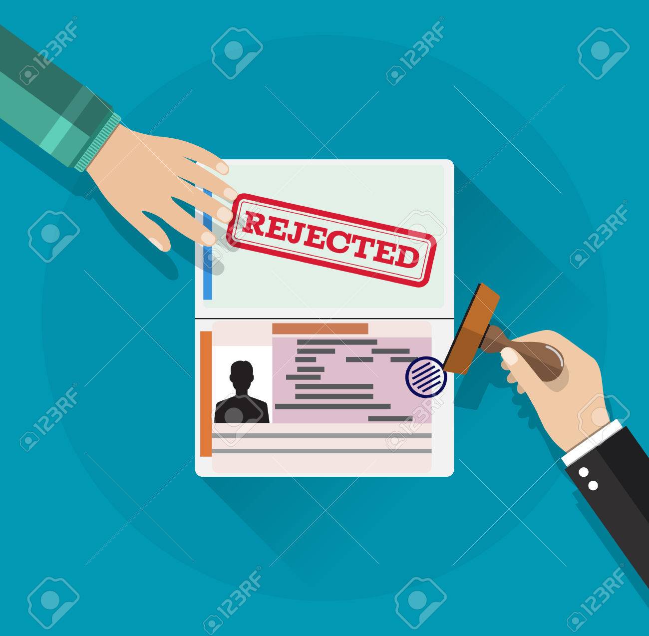 Hand Puts A Stamp In The Passport With A Mark Rejected. Travel