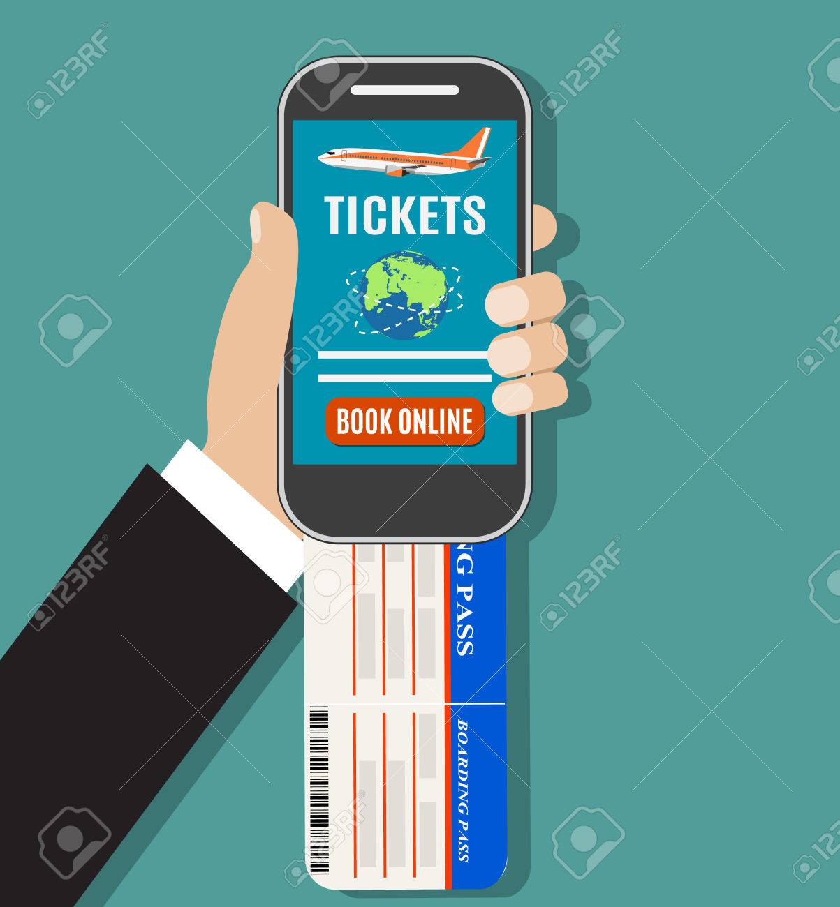 旅行やチケットのオンライン予約便します 携帯電話と人間の手 飛行機のチケットのオンライン予約の概念 フラットなデザインのイラスト のイラスト素材 ベクタ Image