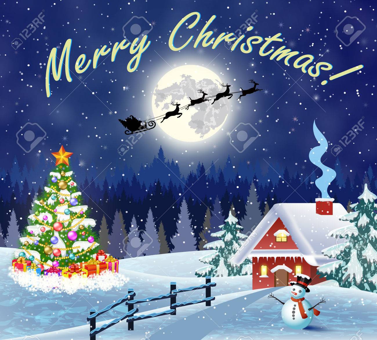 サンタとツリー　絵画 クリスマス サンタとトナカイとクリスマスツリーのイラスト素材