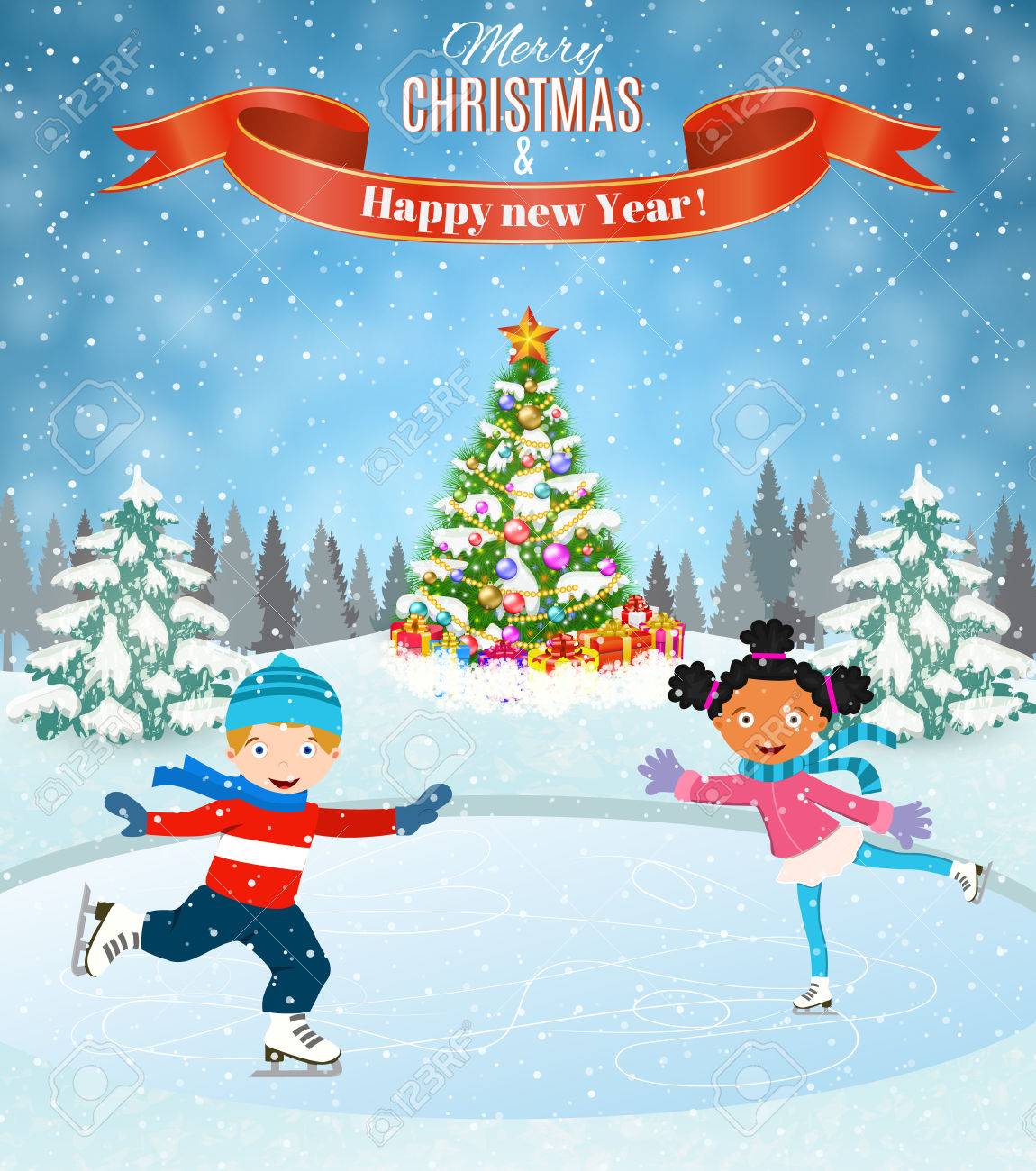 新年あけましておめでとうございます メリー クリスマス クリスマス ツリーのカード デザインを景色します スケートの子供の冬景色 子供男の子と女の子冬のアイス スケート場に ベクトル図のイラスト素材 ベクタ Image