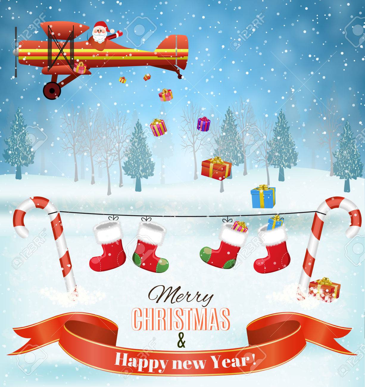 Licht Flugzeug Mit Santa Claus Fliegen Uber Den Wald Haus