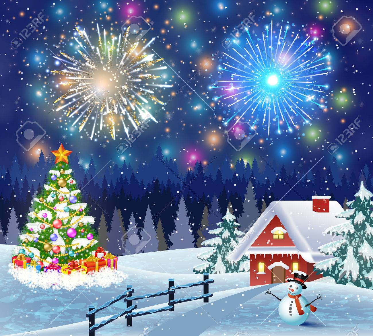 christmas landscape with christmas tree and snowman with gifbox christmas tree and snowman