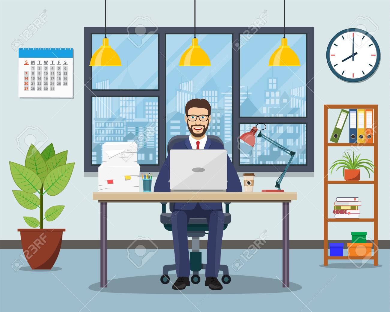 business man or a clerk working at his office desk vector illustration office illustration