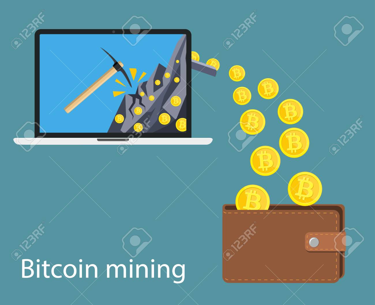 Cryptocurrency 기술, 비트 코인 제작, 비트 코인 채굴, 전자 지갑의 개념. 비트 코인 기호 지갑으로 이동 컴퓨터 노트북.  플랫 스타일의 벡터 일러스트 레이션 로열티 무료 사진, 그림, 이미지 그리고 스톡포토그래피. Image 93439732