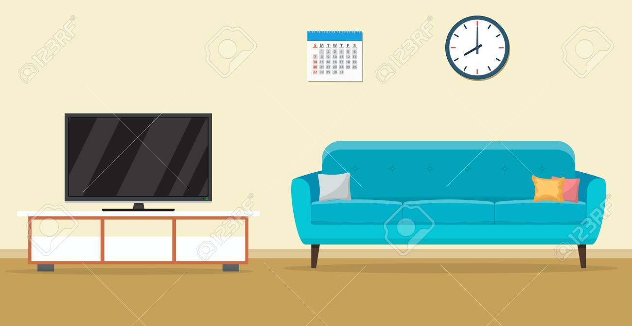 Living Room Interior Design With Furniture Sofa Tv Clock Vector Royalty Free Cliparts Vectors And Stock Illustration Image 112048257