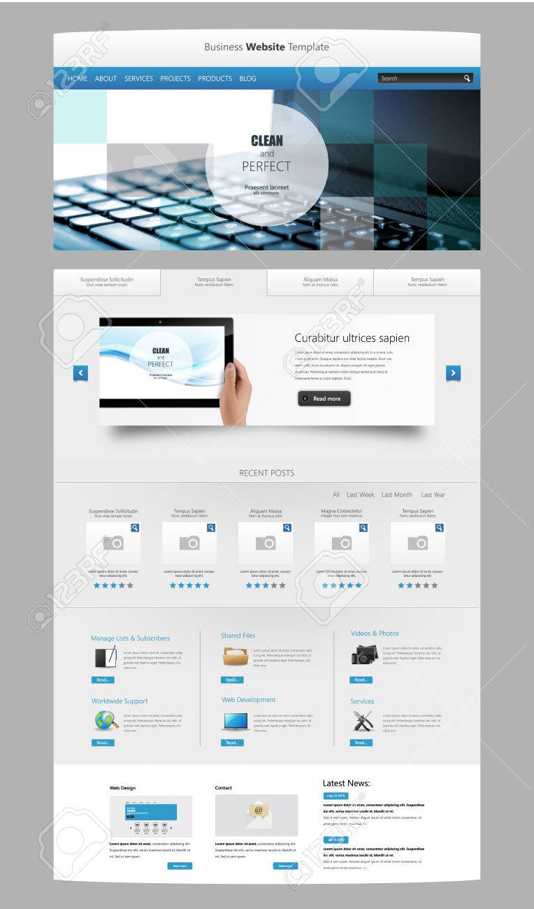 近代的なきれいな 1 ページのウェブサイト デザイン テンプレートです ウェブサイトのデザインの 1 つのセットですべて手のリアルなイラストでタブレットで 1 つのページのウェブサイト テンプレートが含まれます のイラスト素材 ベクタ Image