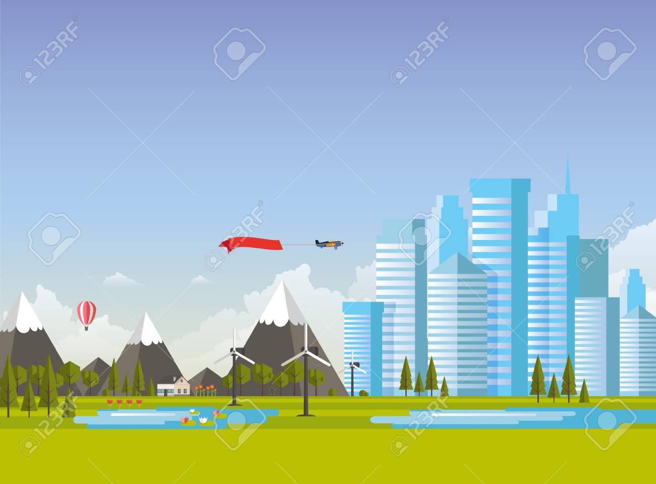 フラット ランドス ケープ デザインとエコの街並みのイラスト のイラスト素材 ベクタ Image