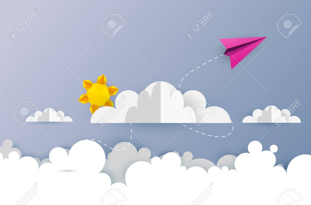 折り紙の雲の風景、紙の雲と太陽で空を飛ぶ飛行機のイラスト。紙の芸術とデジタルクラフトスタイルによるデザイン。のイラスト素材・ベクター Image  107641731