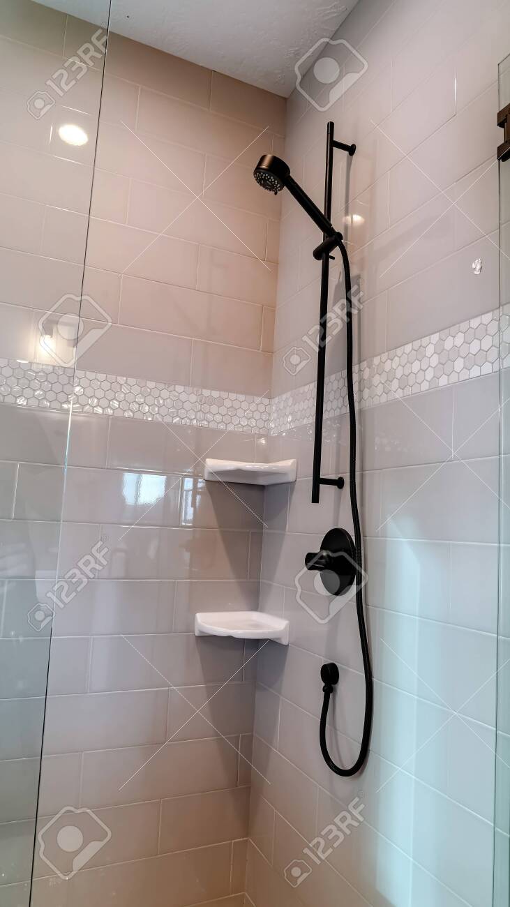Vertical Frame Black Round Shower Head On Tile Wall Of Shower ...