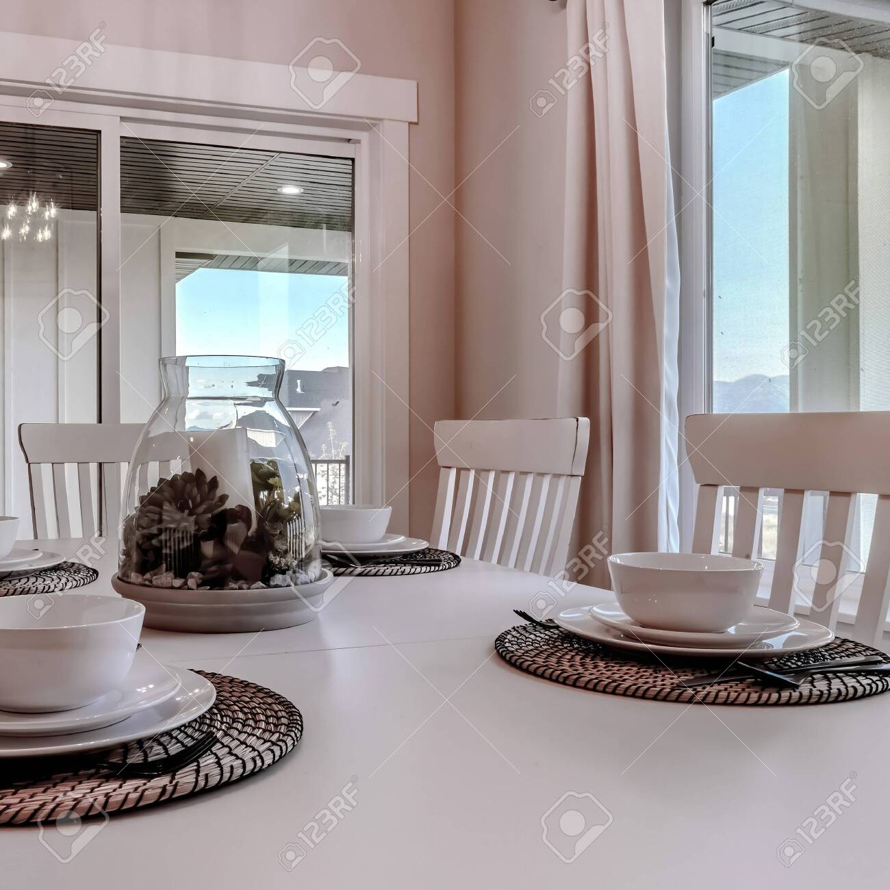 Square Frame Dining Table With Chairs And Tableware Arranged Stock Photo Picture And Royalty Free Image Image 149375733