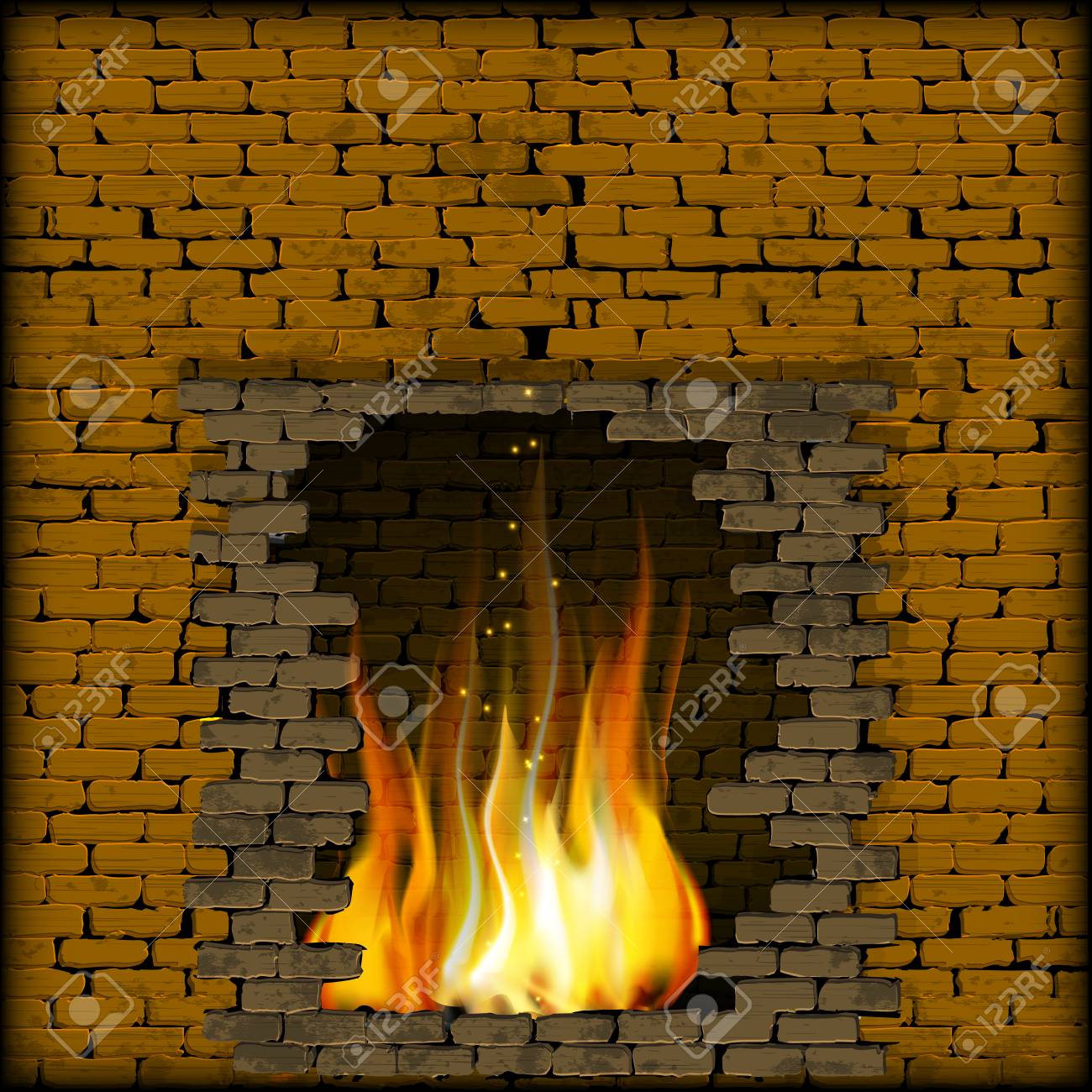 Vector Illustration Fire In The Fireplace Of The Old Brick Wall