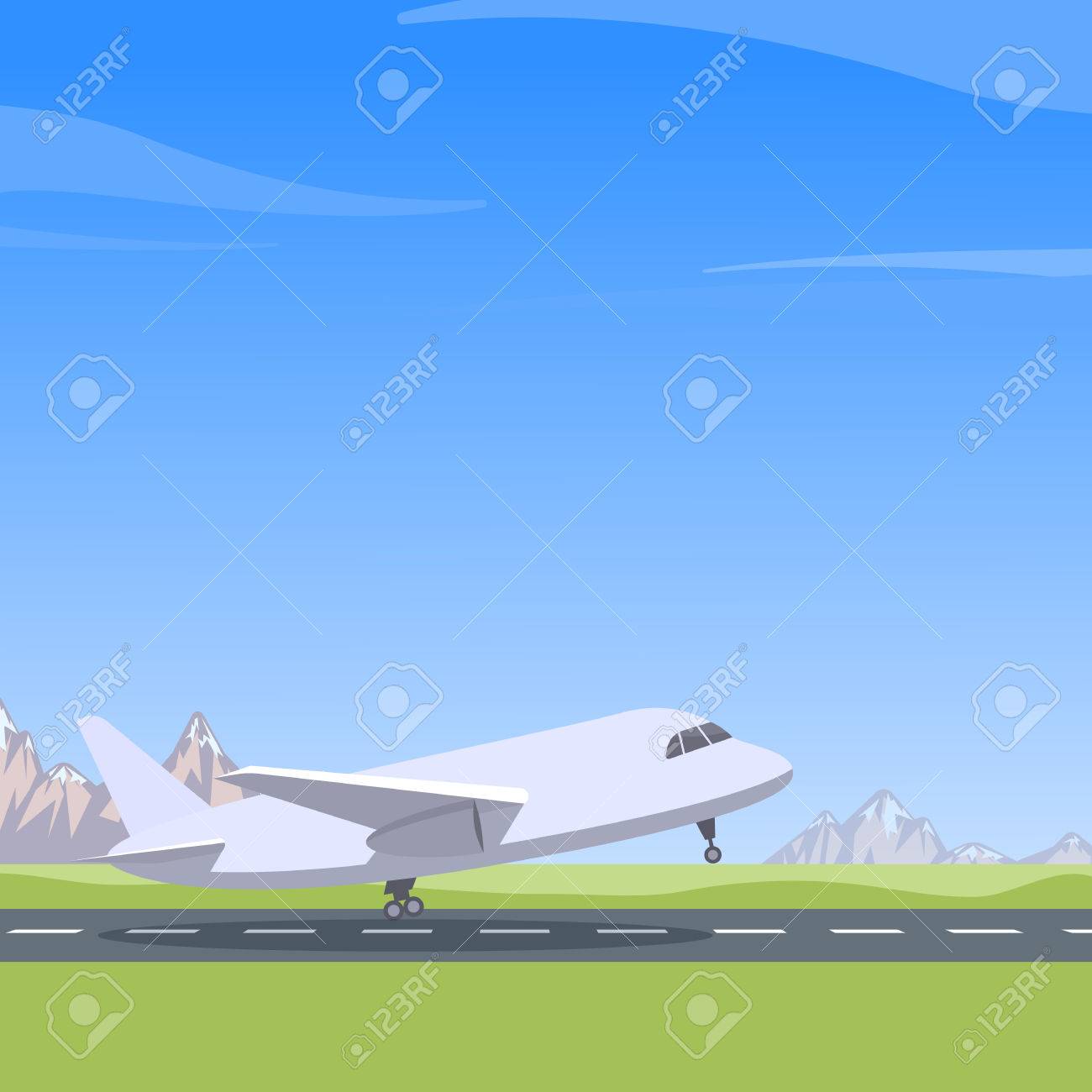 Plane takes off, mountain landscape, blue sky. Aircraft preparing for take-off - 58321467 Plane takes off, mountain landscape, blue sky. Aircraft preparing for take-off - 58321467